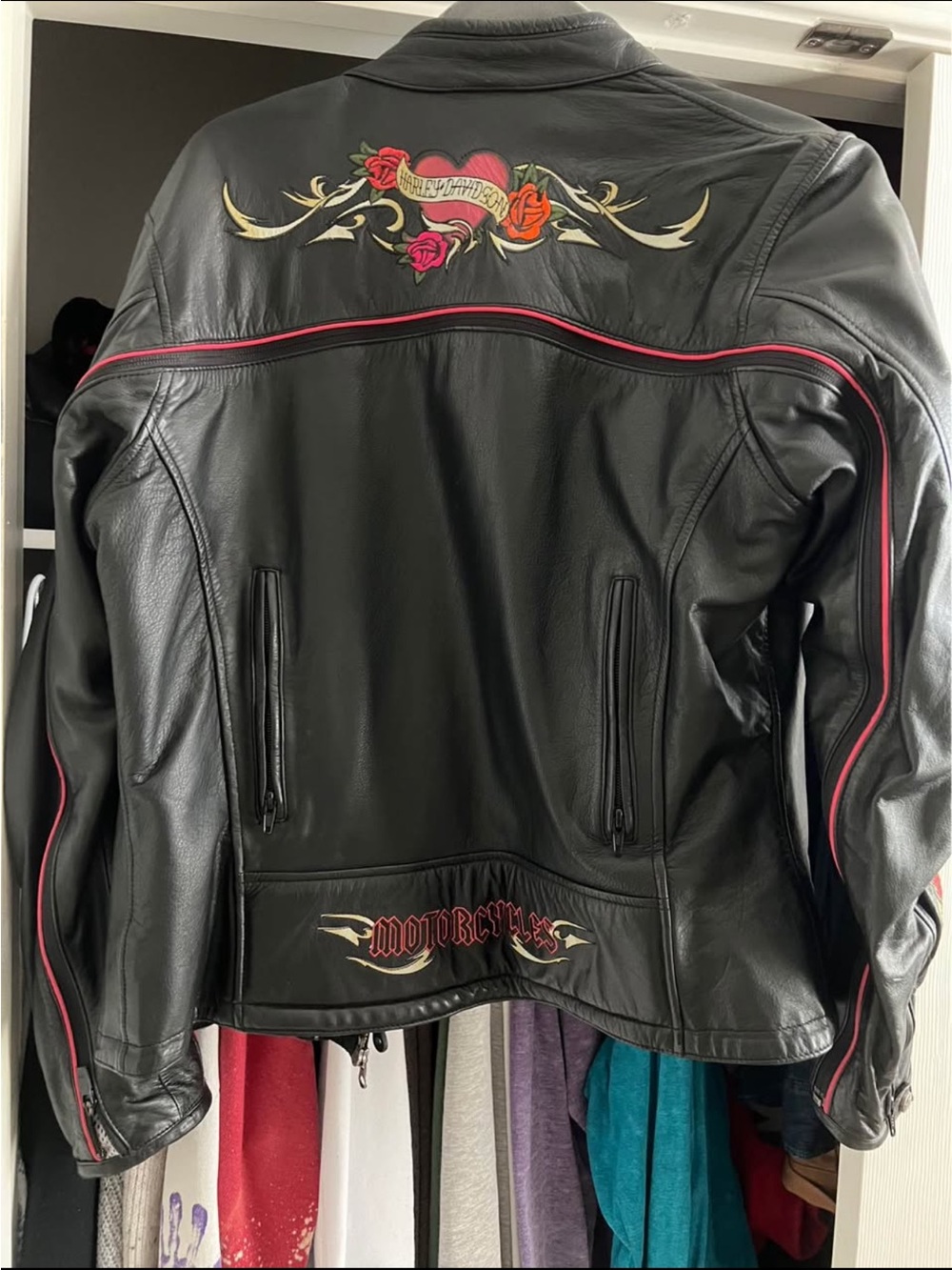 Harley-Davidson Black Leather Motorcycle Jacket with Pink and Red Accents